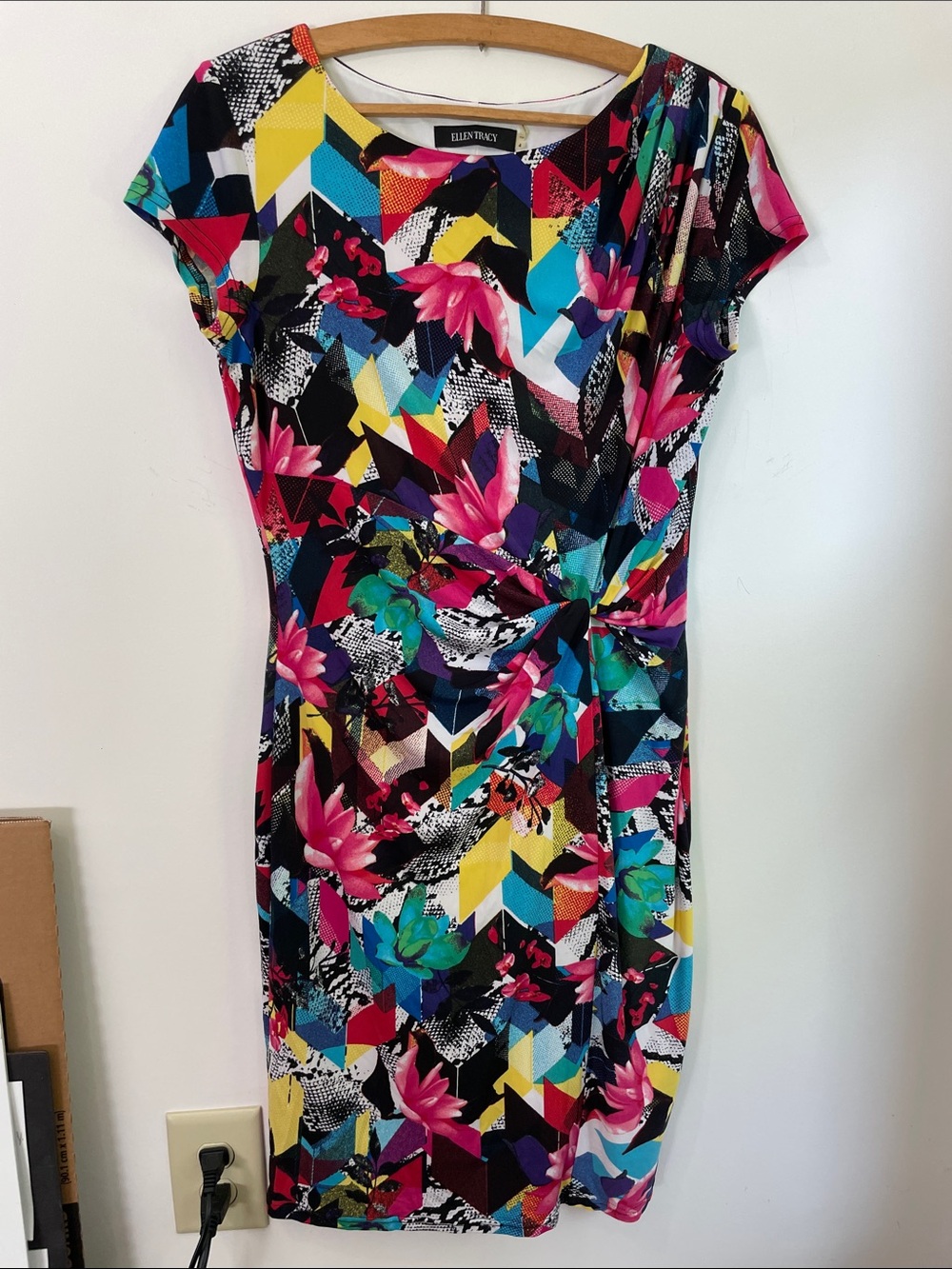 Ellen Tracy Bright Floral & Geometric Knot-Front Cap Sleeve Midi Dress Size 4